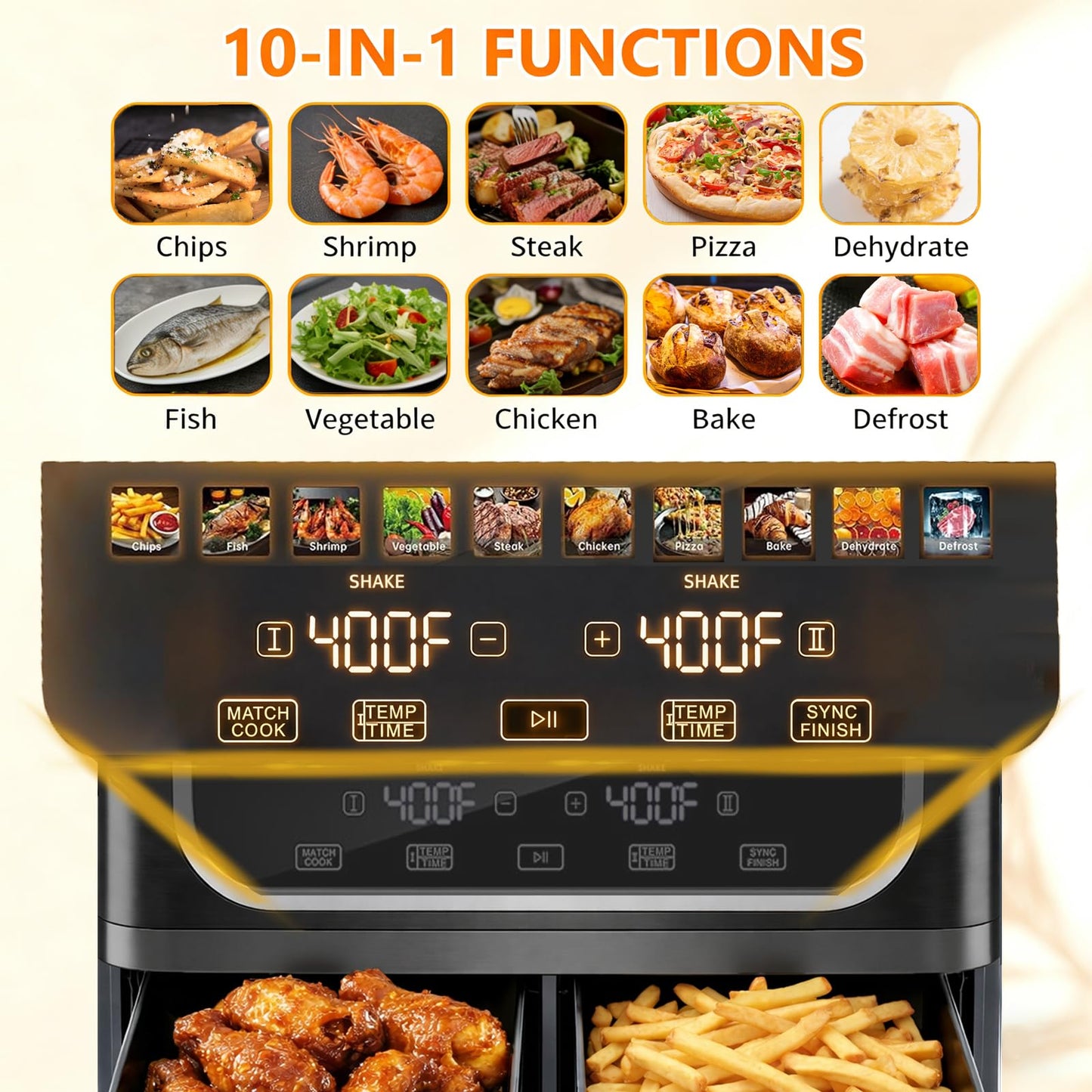 Simple Deluxe 9.5-Qt Dual Basket Air Fryer, 10-in-1 Digital Preset 1700W Airfryer, Sync Cook, Independent Temp Control, Shake Reminder, Nonstick Basket, Black