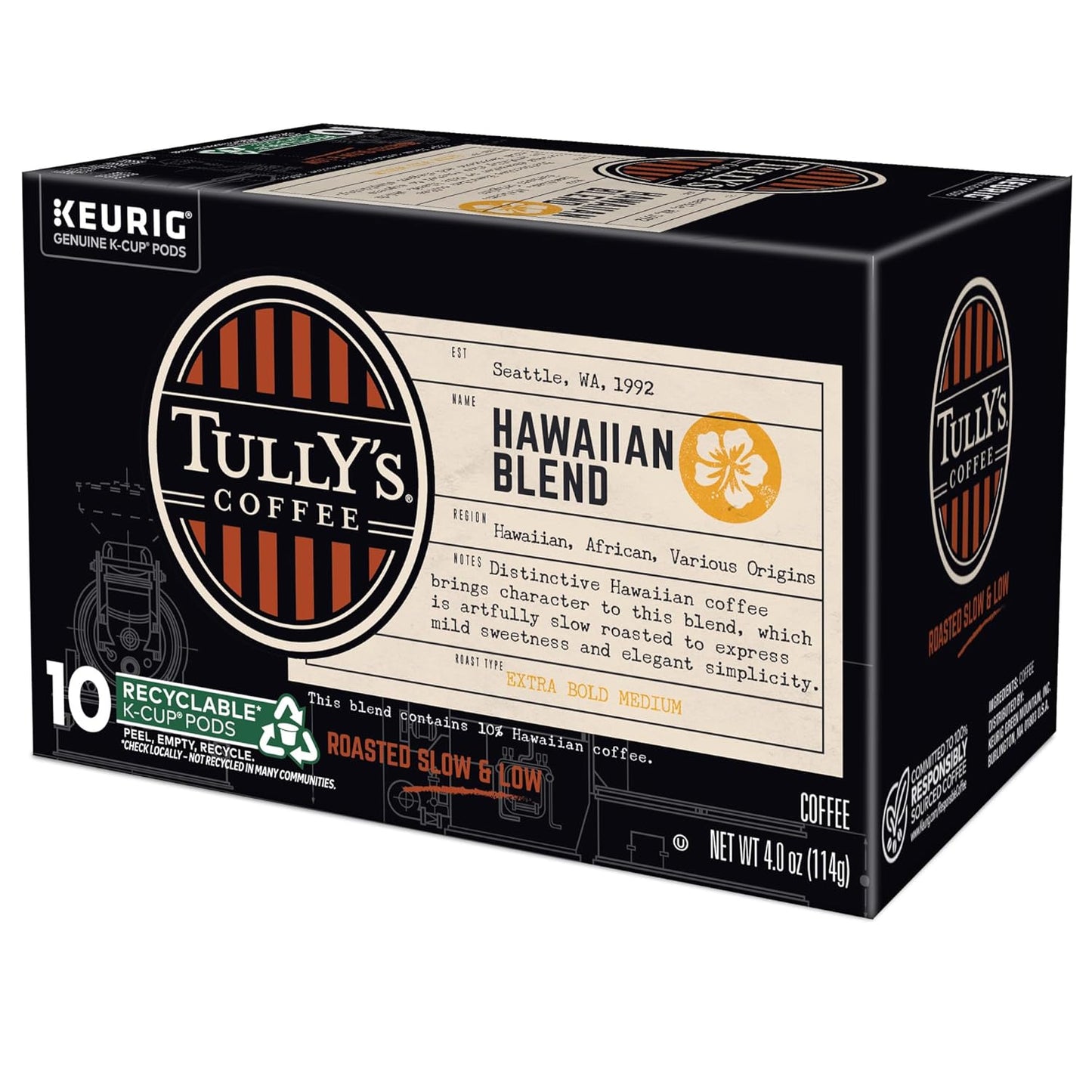 Tully's Coffee Hawaiian Blend K-Cup Pods - Medium Roast, 60 Count (6 Packs of 10)