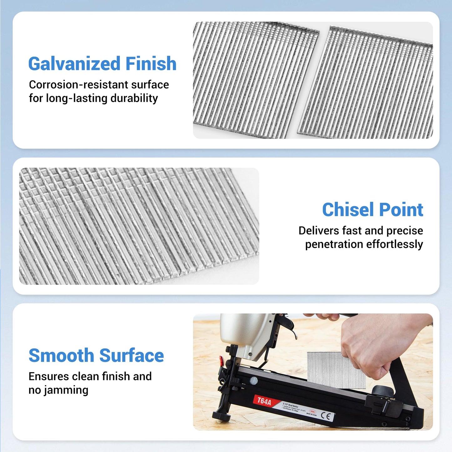 meite T64A 16 Gauge Finish Nailer with Straight Finish Nails 5 Sizes Assorted Set 2,500PCS, Pneumatic Finish Nail Gun for Baseboard Crown Molding Cabinetry