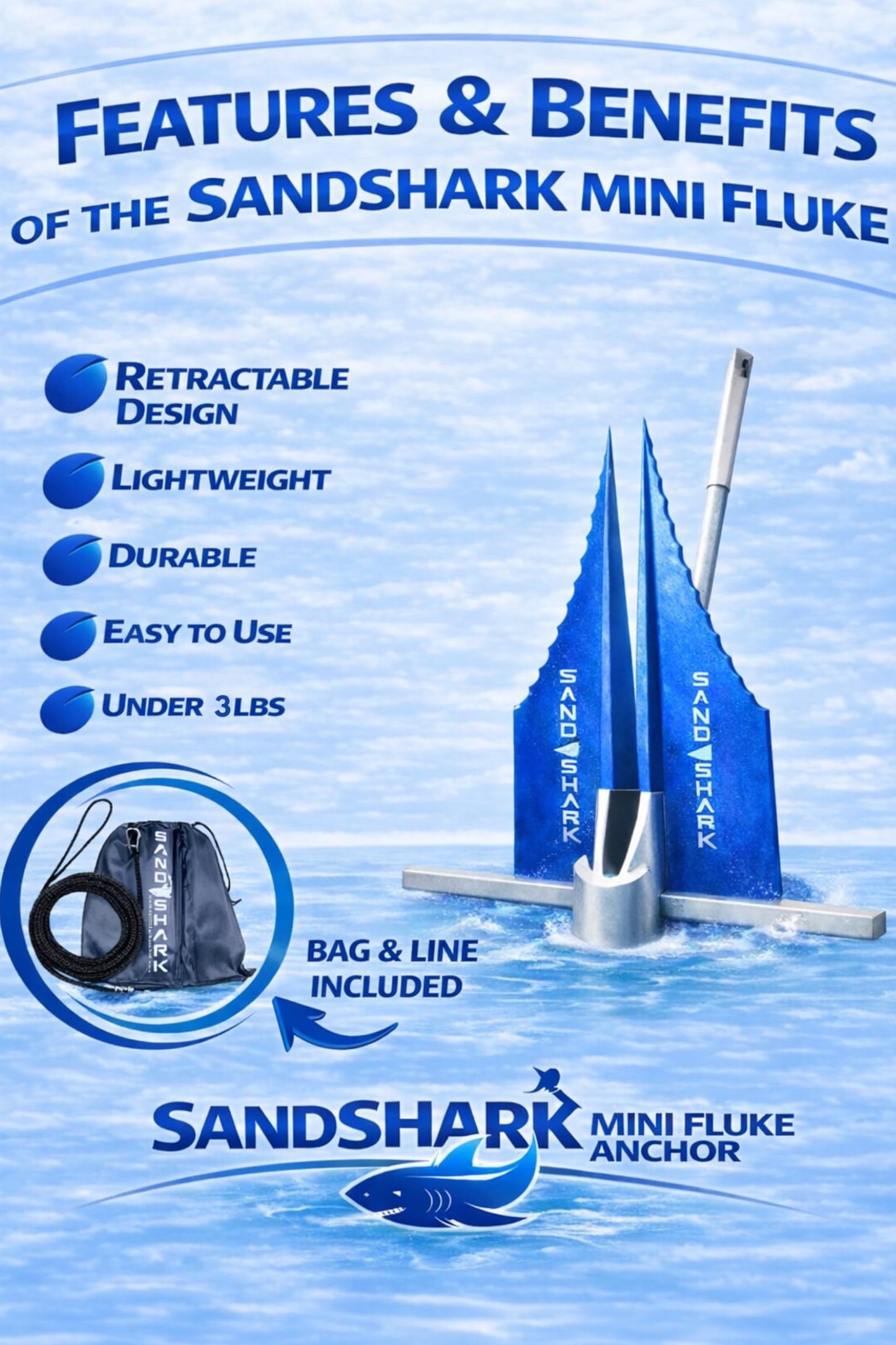 SandShark Premium Fluke Anchor-Retractable Shaft Easy Storage-Aluminum Pontoon Boat Anchor, Jet Ski Anchor. Boats<30 ft. Sand Anchor for Boat, Boat Anchor Kit, Lightweight. (Jet Ski Anchor)