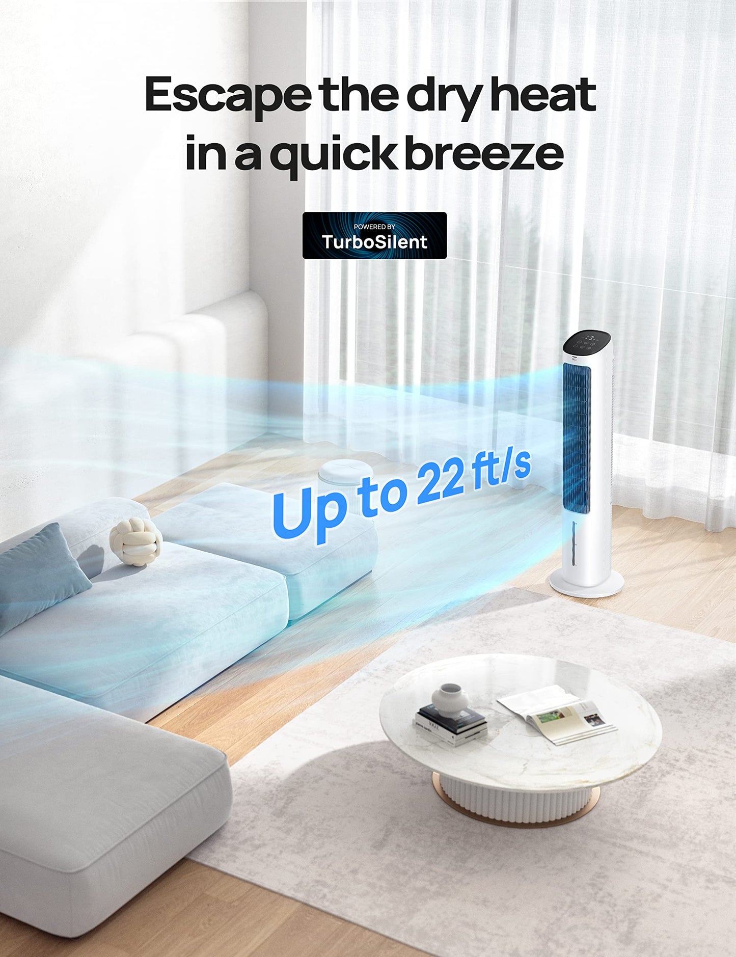 DREO Evaporative Air Swamp Cooler, 40” Standing Fans that Blow Cold Air, 80° Oscillating Bladeless Cooling Fan for Bedroom, Removable Water Tank, Ice Packs, Remote Control, 4 Speeds, White and Black