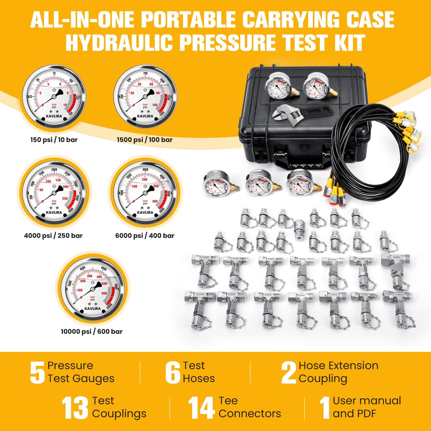 KAVLIRA Hydraulic Pressure Test Kit, 5 Gauges (Max 10,000 PSI) 13 Test Couplings 14 Tee Connectors 6 Hoses (5×5.2 ft + 1×9.8 ft), Hydraulic Test Gauge Kit for Excavator, Tractor & Heavy Equipment