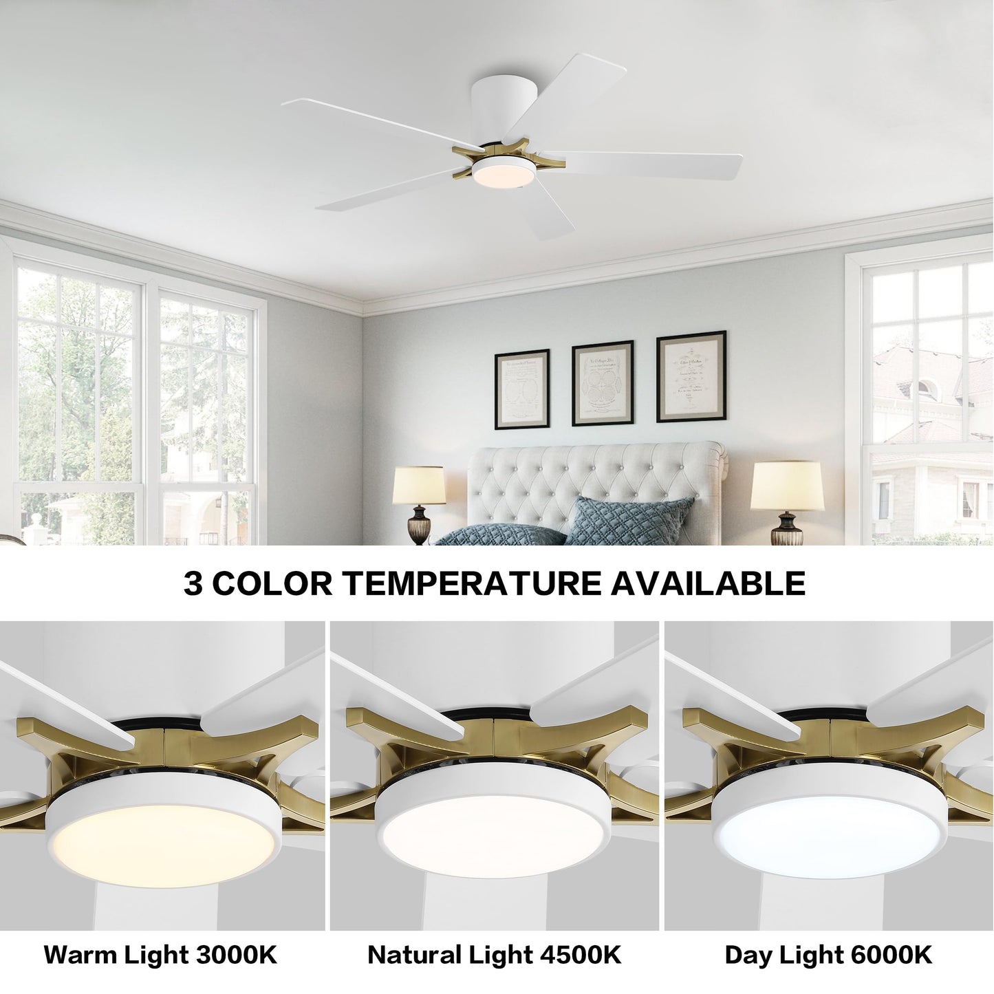 WINGBO 52" DC Flush Mount Ceiling Fan with Lights, 5 Plywood Blades, 6-Speed Reversible DC Motor, 3CCT, Low Profile Hugger Ceiling Fan for Living Room Bedroom Kitchen, White and Brass