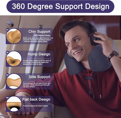 Napfun Neck Pillow - Upgraded Travel Pillow with 100% Pure Memory Foam | Portable Headrest for Airplane, Full Black