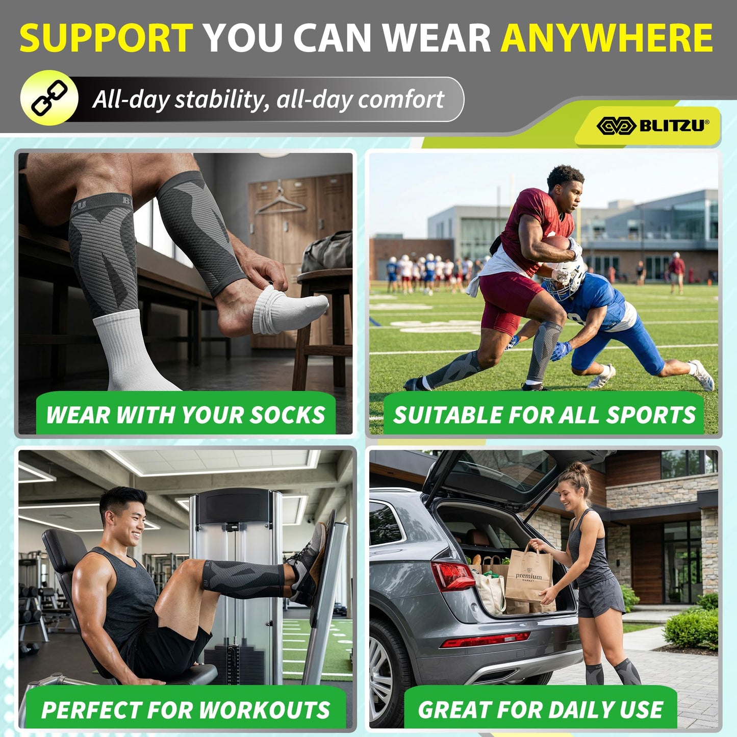 BLITZU Calf Compression Sleeves for Men and Women. Footless Compression Socks Support for Varicose Vein, Nursing, Running. Leg Sleeve Brace for Shin Splints, Pain Relief & Reduces Swelling Black L-XL