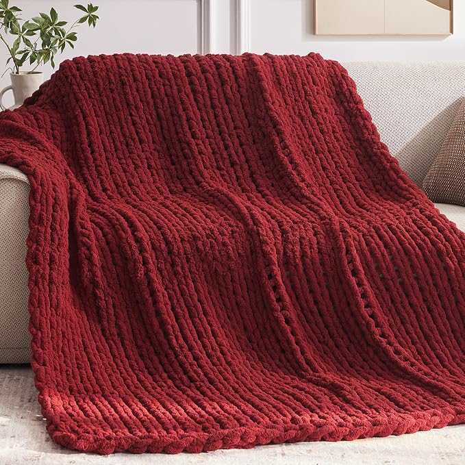 Negwoo Chunky Knit Throw Blanket, 80''*90'' Knitted Throw Chenille Yarn for Bed Couch, Handmade Red Crochet Big Thick Blanket, Machine Washable Cute Comfy Blanket for Home Decor