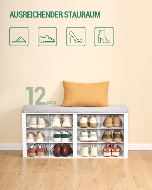 Hzuaneri Shoe Bench with Cushion, Entryway Storage Bench with 12 Cubbies, Cubby Shoe Rack with Adjustable Shelves, Shoe Organizer Cabinet for Living Room, Bedroom, Entryway, White SB19003GY
