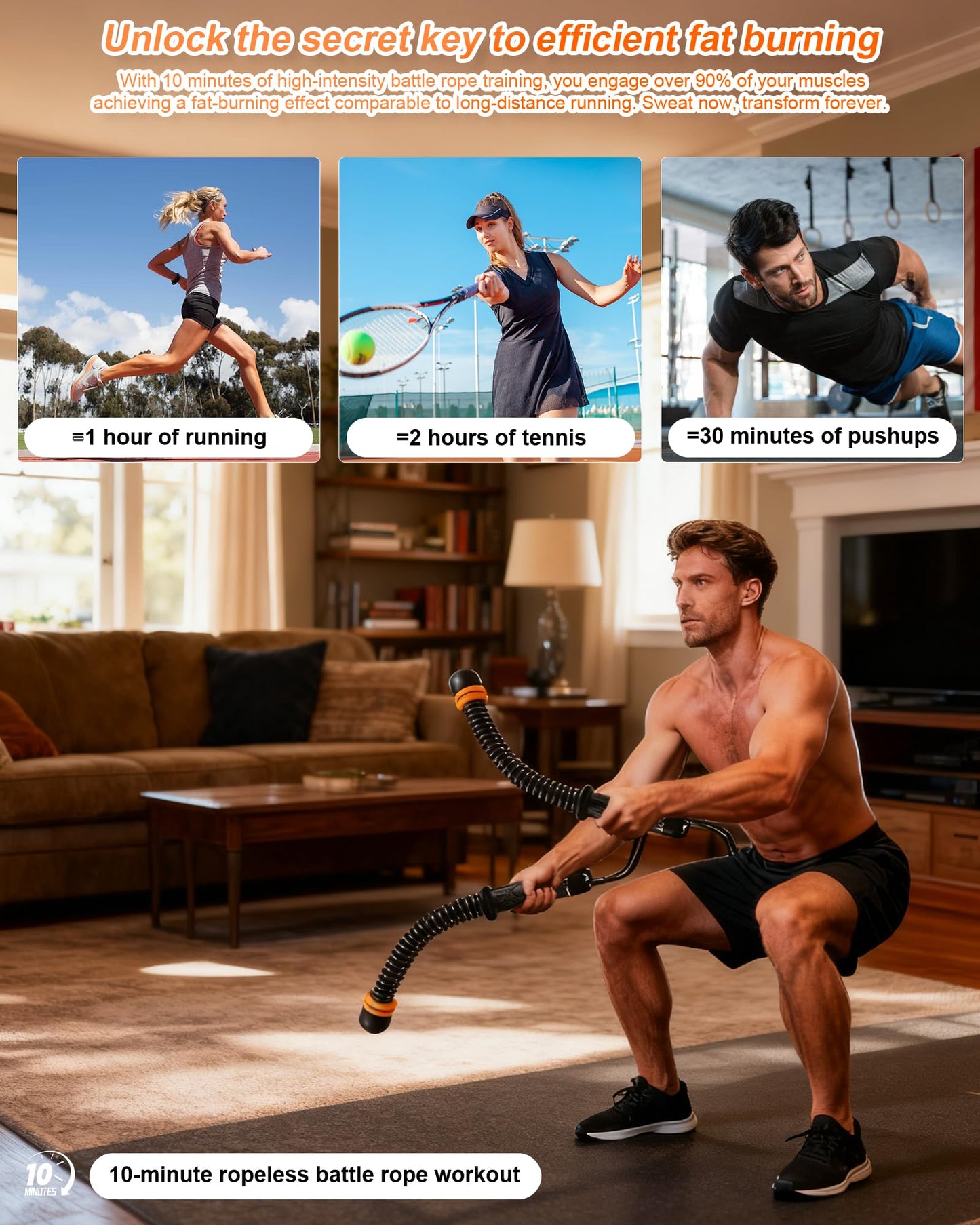Ropeless Battle Ropes- Adjustable Portable Low-Impact Workout Equipment for Home Gym, Fitness Equipment for HIIT, Cardio & Muscle Training, Fat Burning for Men, Women & Fitness Enthusiasts (Black)