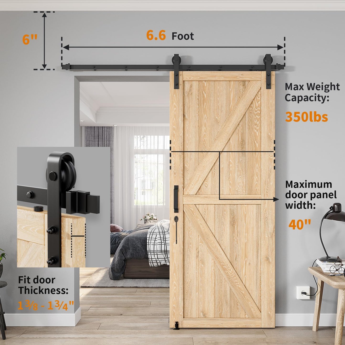 HomLxclx 6.6 FT Heavy Duty Sliding Barn Door Hardware Kit-Smoothly and Quietly-Easy to Install with Adjustable Floor Guide,Door Hook and 2 Handles-Fit 1 3/8-1 3/4" Thickness (Black)(J Shape Hangers)