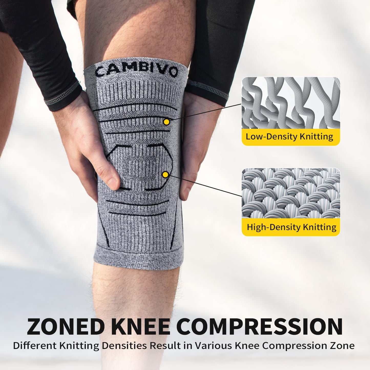 CAMBIVO 2 Pack Knee Brace for Women & Men, Latex Free & Silicone Free Compression Knee Sleeves with Side Stabilizers, Lightweight Knee Support for Arthritis, Meniscus, Walking, Running (Gray, Large)