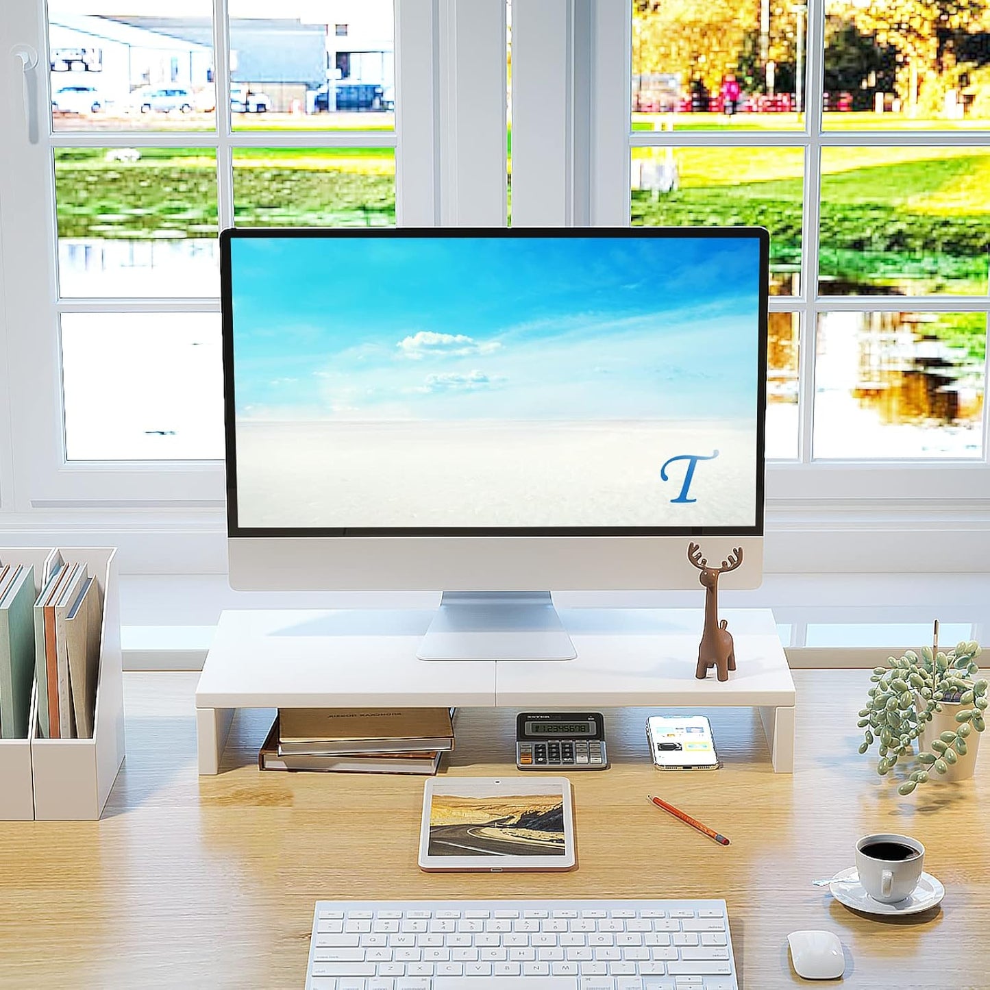 20 inch TEAMIX White Monitor Stand Riser, Wood Desktop Stand for PC/TV/Laptop/Printer, White Monitor Riser