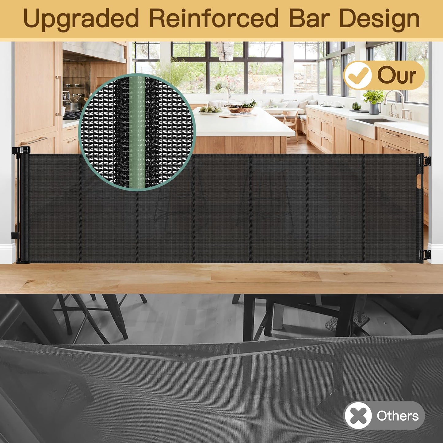 Reinforced 200 Inch Extra Wide Retractable Baby Gates to Prevent Crawling Through, Indoor/Outdoor Baby Gates for Decks, 16 ft Mesh Retractable Fence/Barrier/Blocker/Screen Gate for Garage, Black