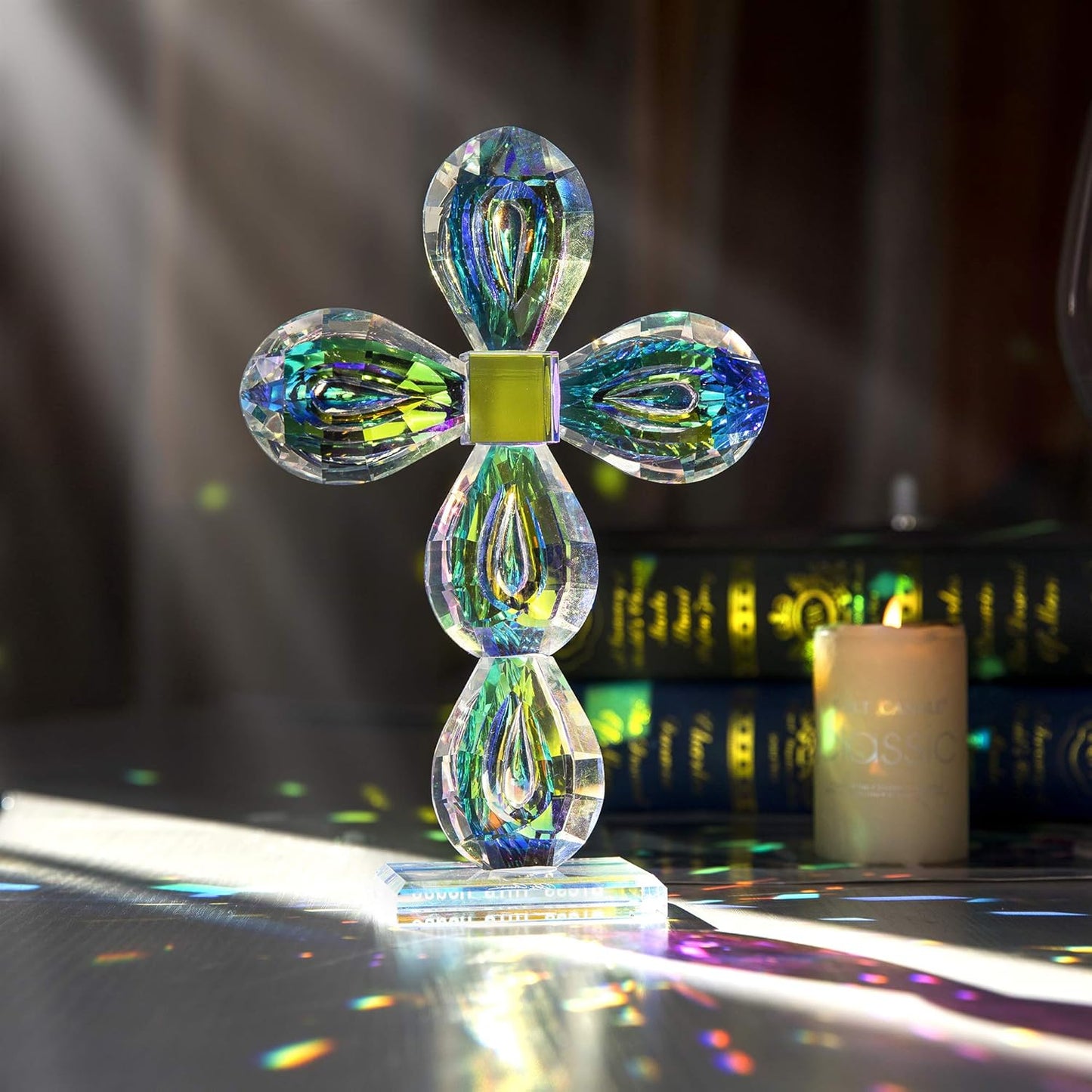 QFkris Crystal Cross Figurine - Elegant 8.5-Inch Tabletop Decor for Home & Gift for Women