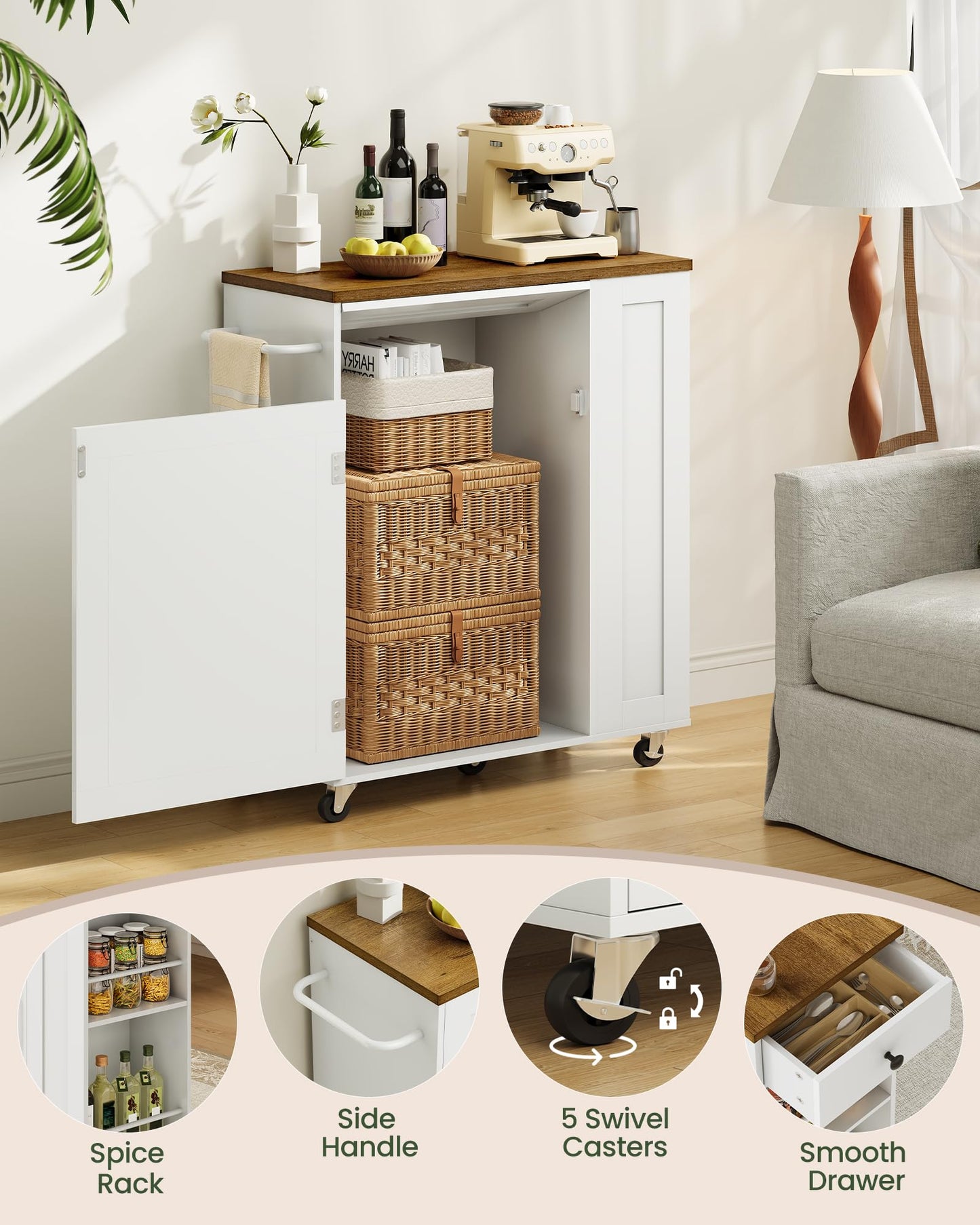 CHOEZON Kitchen Island Cart with Storage, Kitchen Cabinet, Mobile Kitchen Island, Storage Trolley for Kitchen with Hidden Trash Bin Cabinet, for Dining Room, White and Walnut MZD06WL