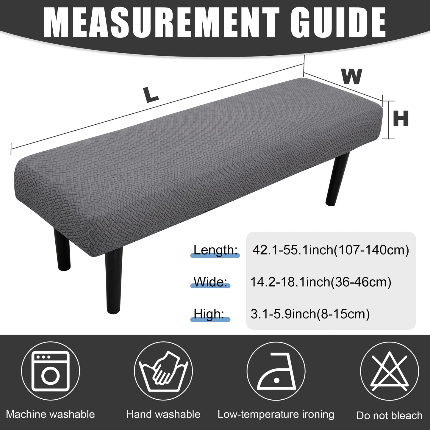 MRGSDL Stretch Bench Seat Cover, Reusable Slipcover for Dining Room & Bedroom, Removable Washable Rectangular Bench Covers, Elastic Fit for Home Furniture (Twill Grey)