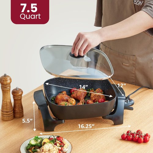 Elite Gourmet Extra Deep Non-Stick Electric Skillet - 12"x12"x3.2" (7.5Qt) with Glass Lid & Adjustable Temp - Black