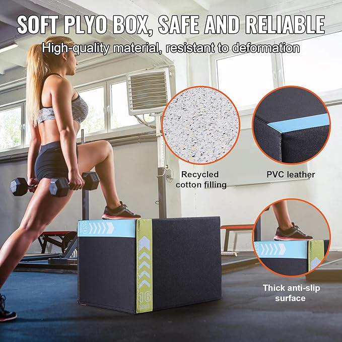VEVOR 3 in 1 Plyometric Jump Box, Cotton Plyo Box, Platform & Jumping Agility Box, Anti-Slip Fitness Exercise Step Up Box for Home Gym Training, Conditioning Strength Training, Multiple Sizes, Black