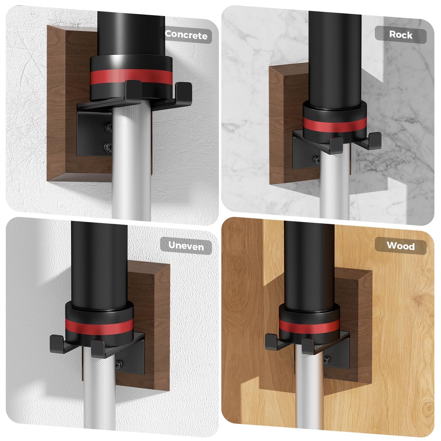 DEMEGA Barbell Wall Mount, Olympic Barbell Holder for Garage Gym, Vertical Bar Rack with Wooden Spacer Pad - Black Powder Coated Iron & Rubber Wood Base, Anti-Scratch Wall Protection & Extra Stability on Uneven Walls - Space Saving Home Gym Accessory, Bar