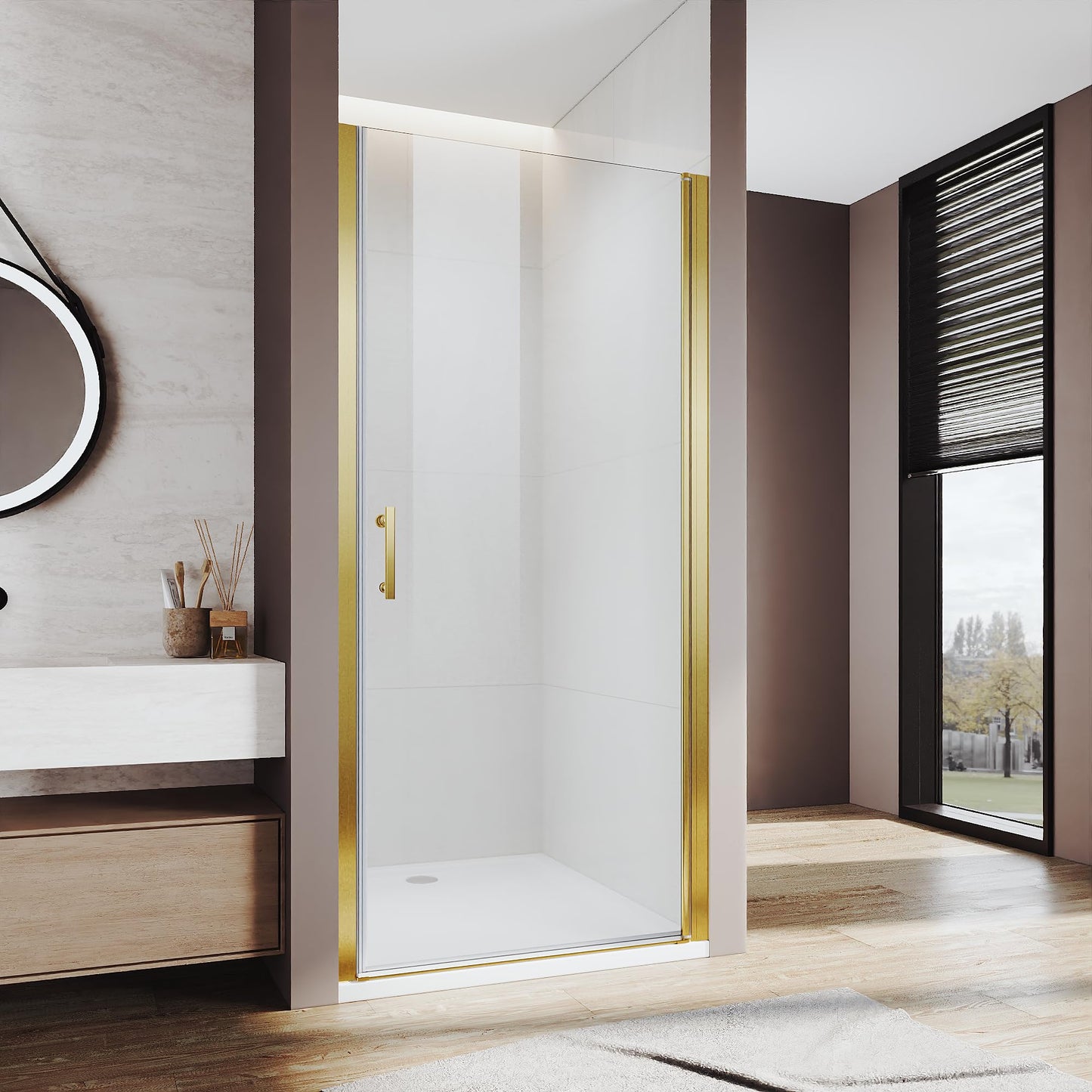 Pivot Shower Door 36" W x 72" H, Semi-Frameless Brushed Gold Shower Glass Door with 6mm SGCC Clear Tempered Glass, Reversible Design, Waterproof Seal, Anti-Fog & Easy Clean Coating
