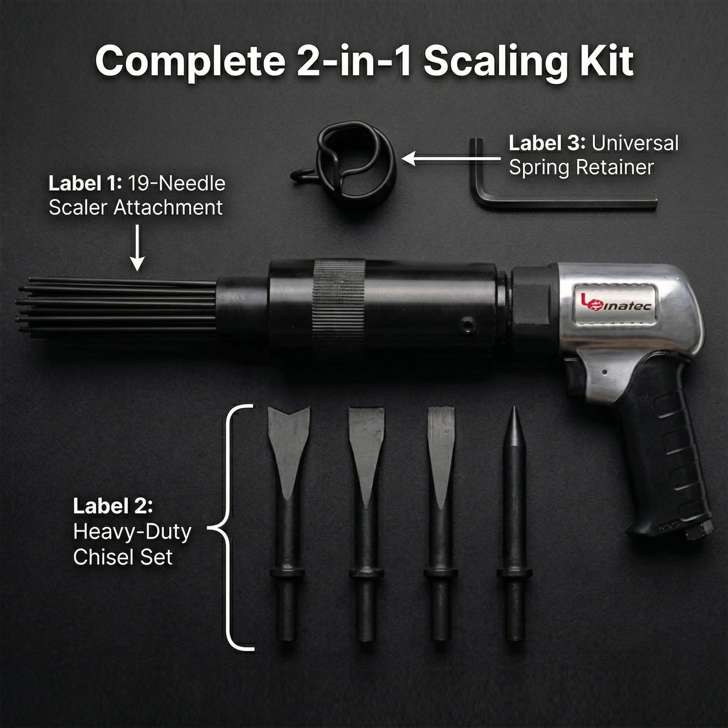 LE LEMATEC Air Needle Scaler with Chisel Kit, 4800 BPM Pneumatic Hammer for Rust & Paint Removal, Metal Scraper Tool - LE-AN324K
