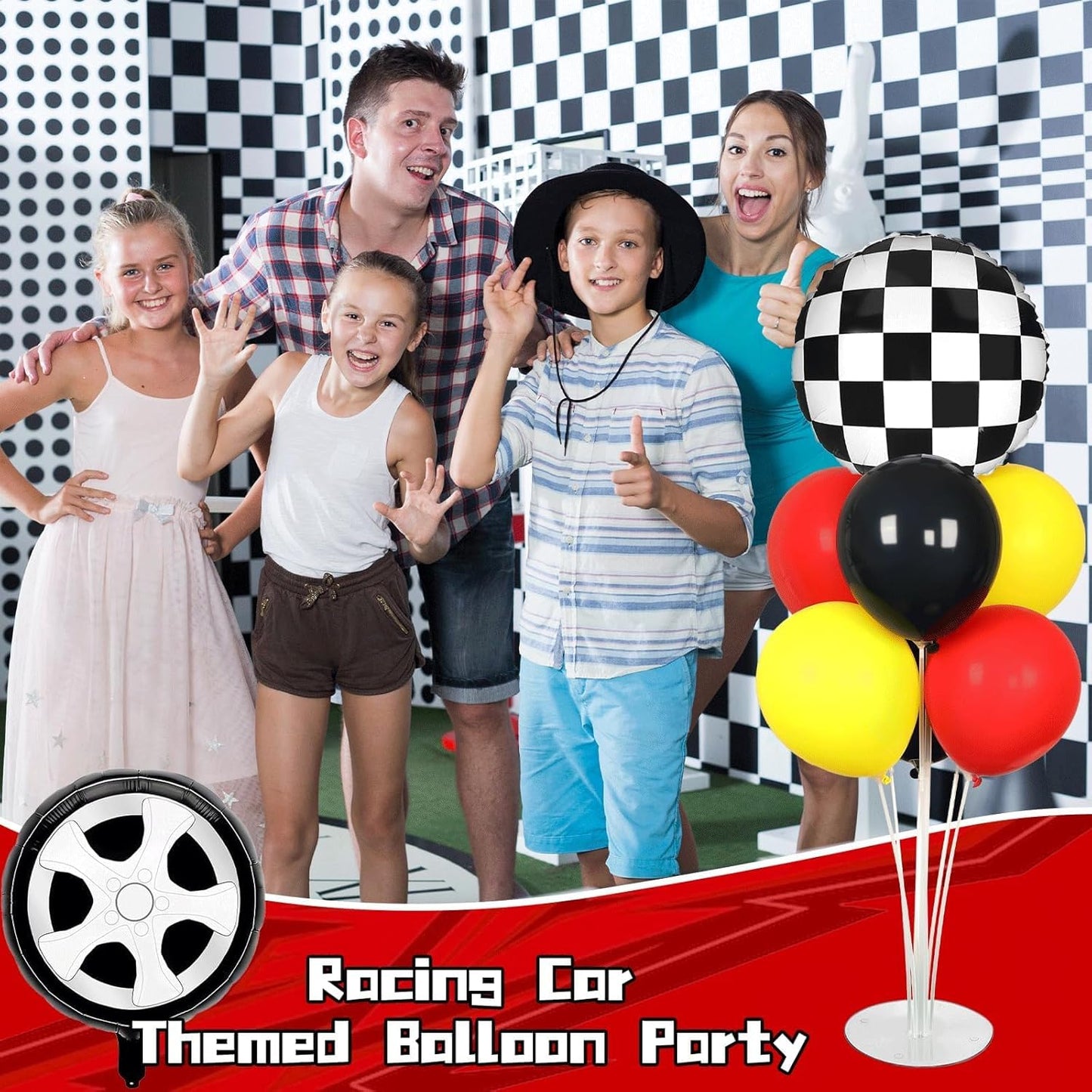 Skiennix Race Car Party Balloons Kit - 2 Sets with Checkered Foil Balloons | Red, Black, Yellow Decor for Boys' Birthday Parties