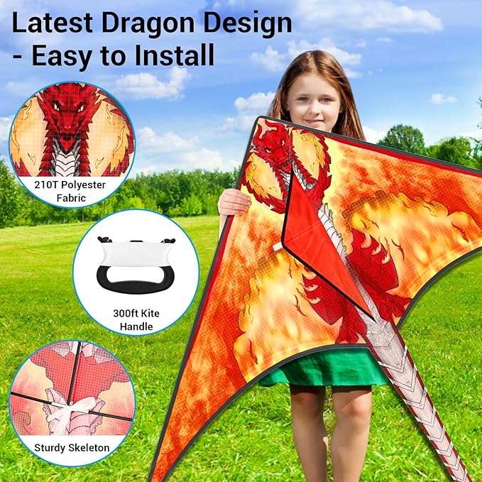 Kite for Kids 4-8 & 8-12, Delta Kites for Kids & Adults Easy to Fly, Huge Dragon Kites for Beginner, Beach Trip Park Family Outdoor Games and Activities