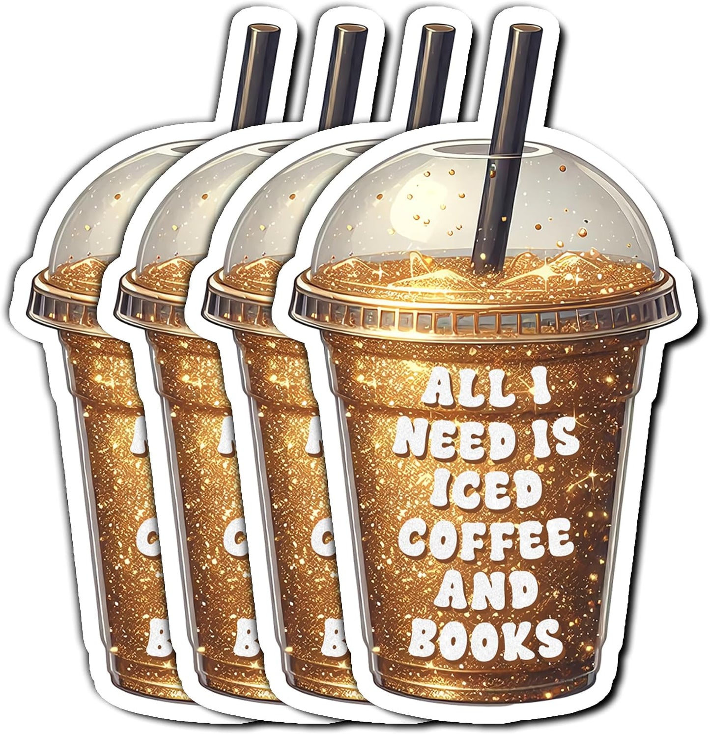 KIMAMZ Pack 4PCS All I Need is Iced Coffee and Books Stickers Reading Inspirational Waterproof Vinyl Decals Decor