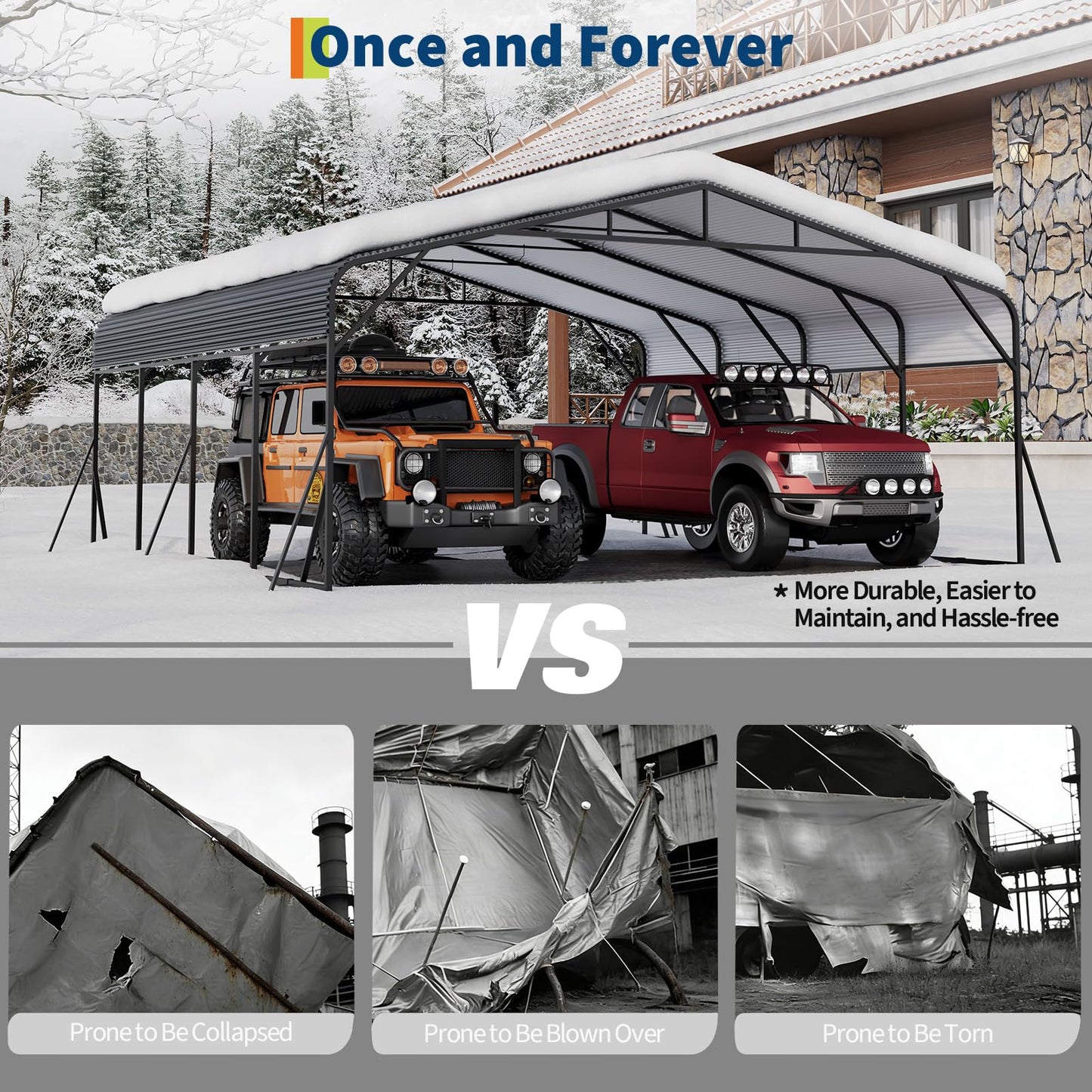 PeakPursuit Metal Carport, 20x20 FT Outdoor Car Port Canopy with Galvanized Steel Roof and Reinforced Base, Heavy Duty Garage Car Shelter Shade for SUV, Truck, Boats