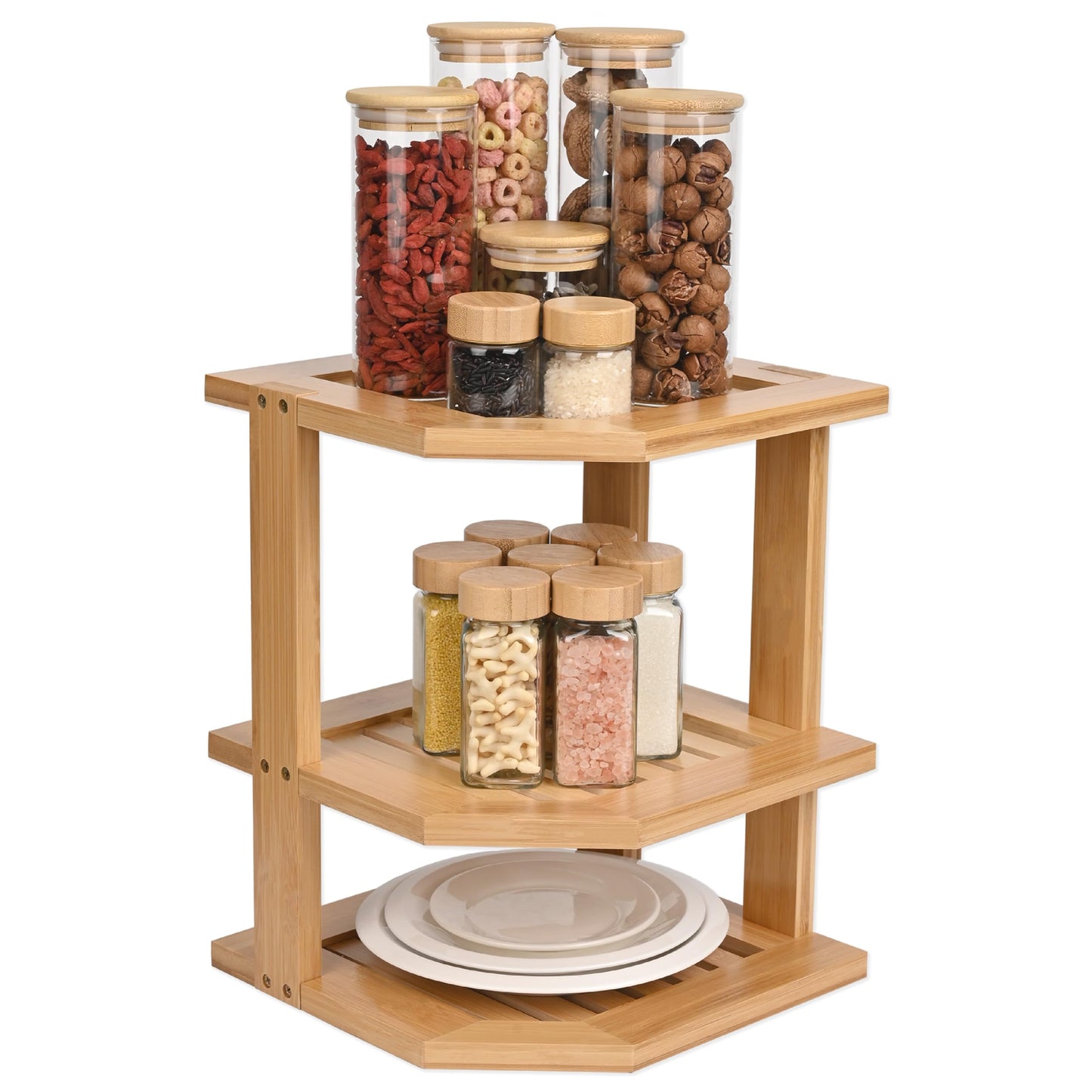 YUBAMIN Bamboo Kitchen Cabinet Organizer, 3 Tier Spice Rack Organizer for Cabinet, Space-Saving Spice Corner Shelf, Multi-Purpose Kitchen Counter Shelf for Spices, Plates, Fruits, Bread and Canned