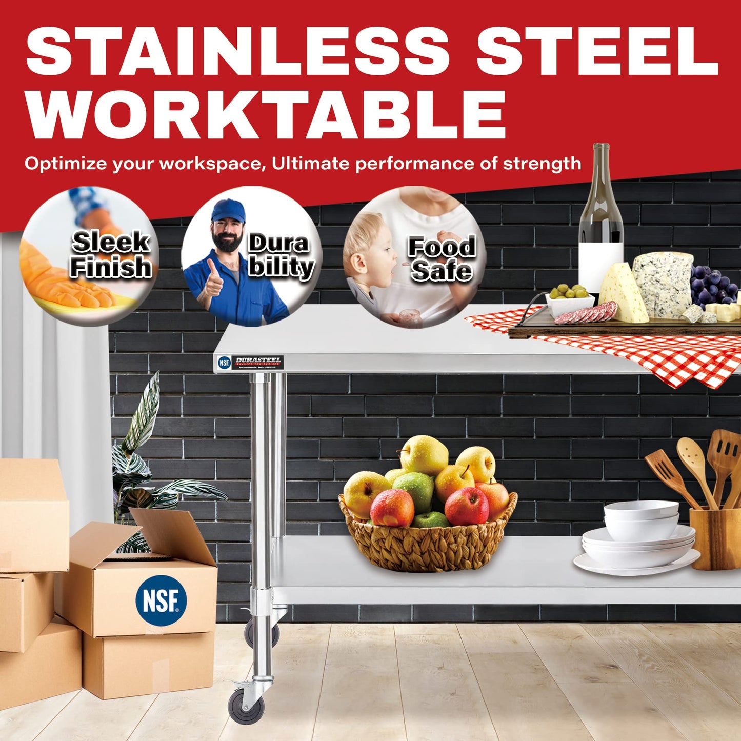 DuraSteel 30x72 NSF Stainless Steel Cart - Heavy Duty Food Prep Table with Undershelf - Rolling Kitchen Island on Wheels for Commercial Restaurant Kitchen, Garage, Outdoor Cooking, BBQ Grill, Counter