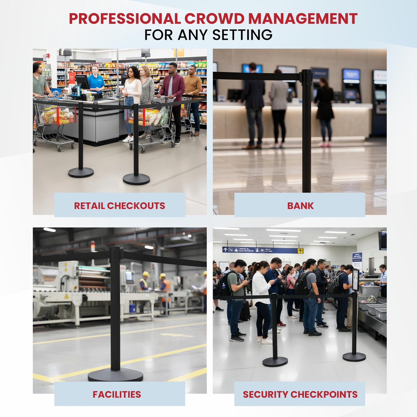 Crowd Control Warehouse Set of 2 Stanchion Retractable Belt Barriers, 11 Foot Black Belt Barrier with 40” Black Posts, Premium Crowd Control Barriers with Heavy Duty Concrete Base, CCW Series RBB-100