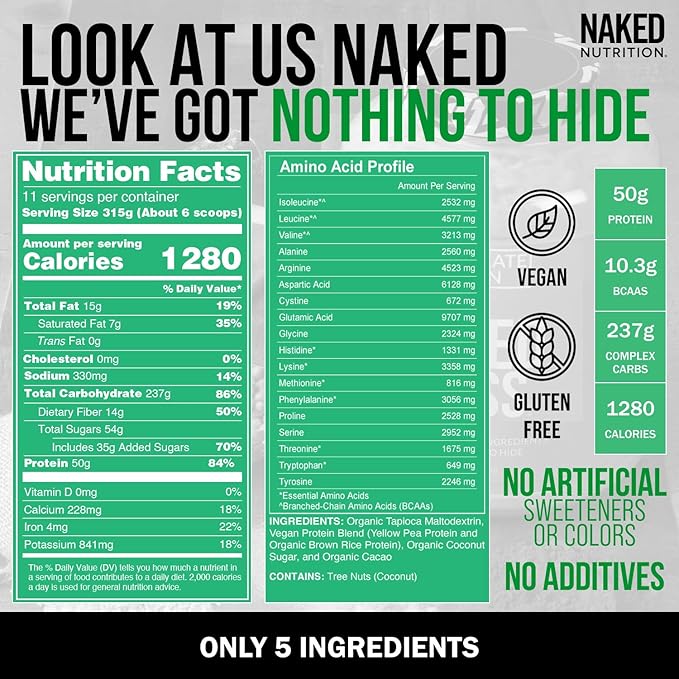 NAKED Vegan Mass - Chocolate Vegan Weight Gainer - 1,280 Calories, Non-GMO, Soy & Gluten Free, No Artificial Ingredients - 8LB Bulk - 11 Servings