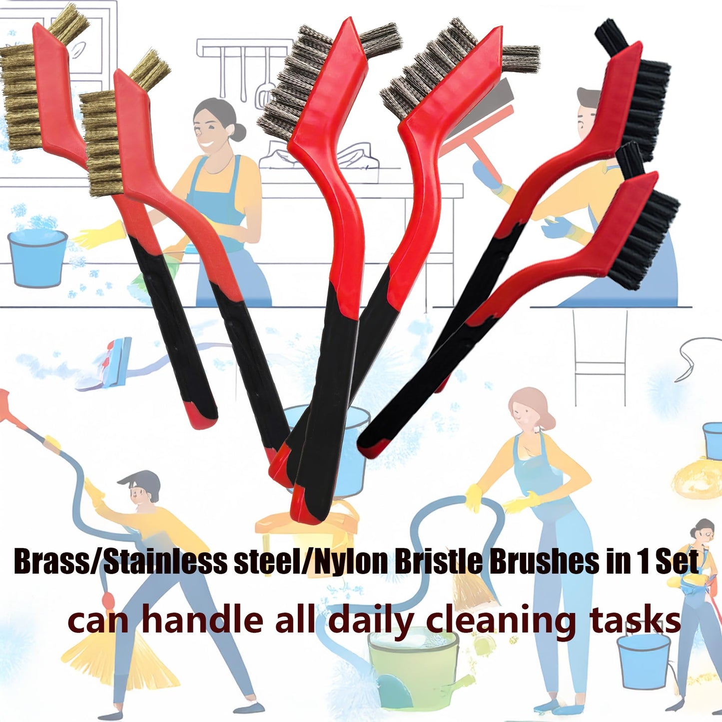 Small Wire Brushes Set for Cleaning Rust Removal in Holes, 6pcs Brass/Stainless Steel/Nylon Brushes