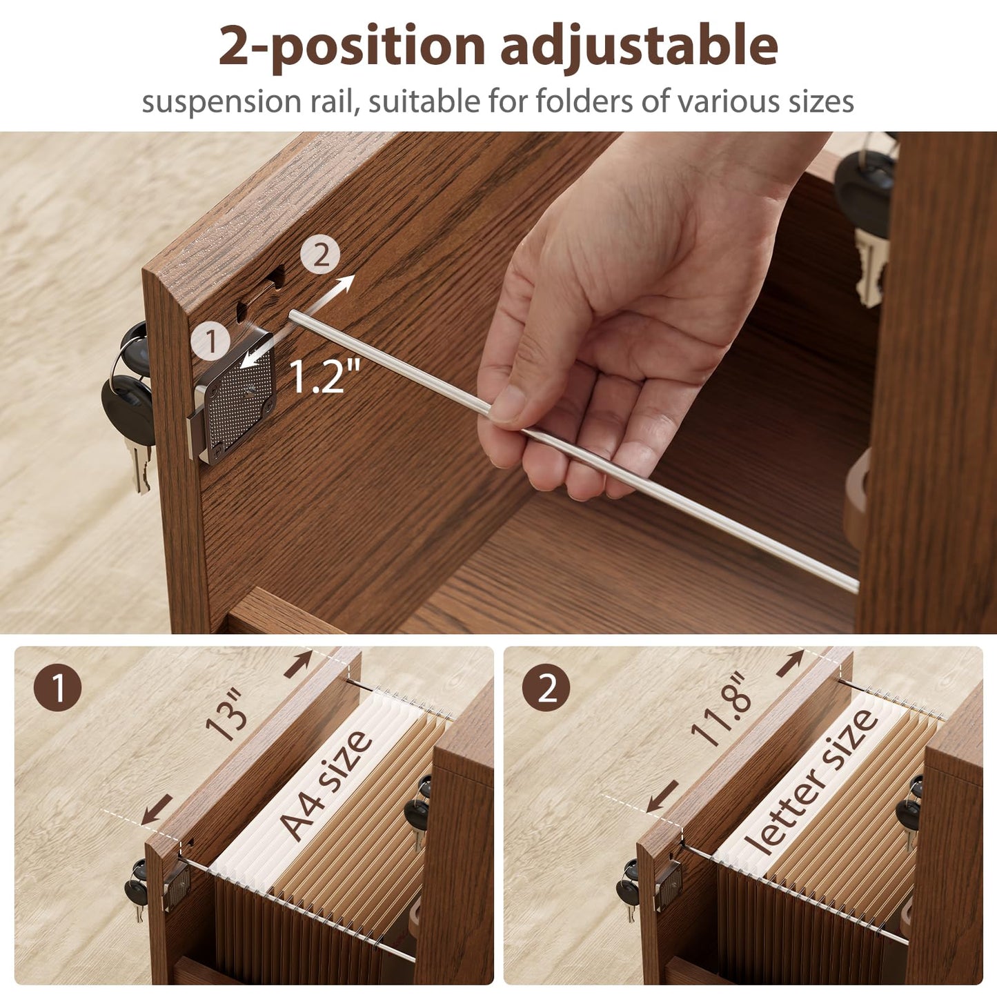 KungFuWood Wheeled Double-Drawer Filing Cabinet, Lockable Metal Filing Cabinet, Suitable for Home Offices or Storage cupboards for Storing Legal documents or Letter-Sized Files.