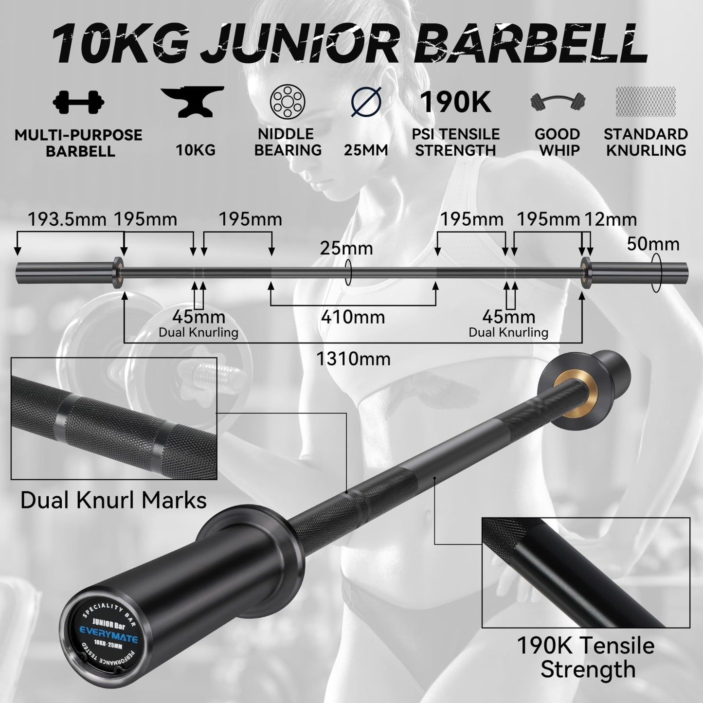 EVERYMATE 10kg Junior Barbell - Alloy Steel Bar for Weightlifting and Powerlifting, Perfect for Junior People and Beginners, 1200lb Capacity, dia25x1670, Strength Training Bar