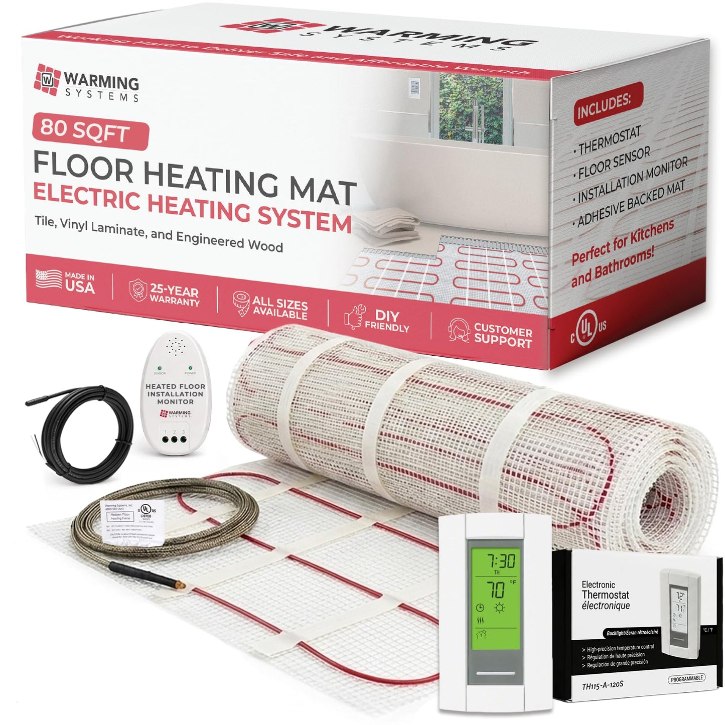 Warming Systems 80 Sqft Electric Radiant Floor Heating Mat – 120V Heated Tile Floor System with Programmable Thermostat (TH115), Floor Sensor, Installation Monitor & 25 Year Warranty, USA Made