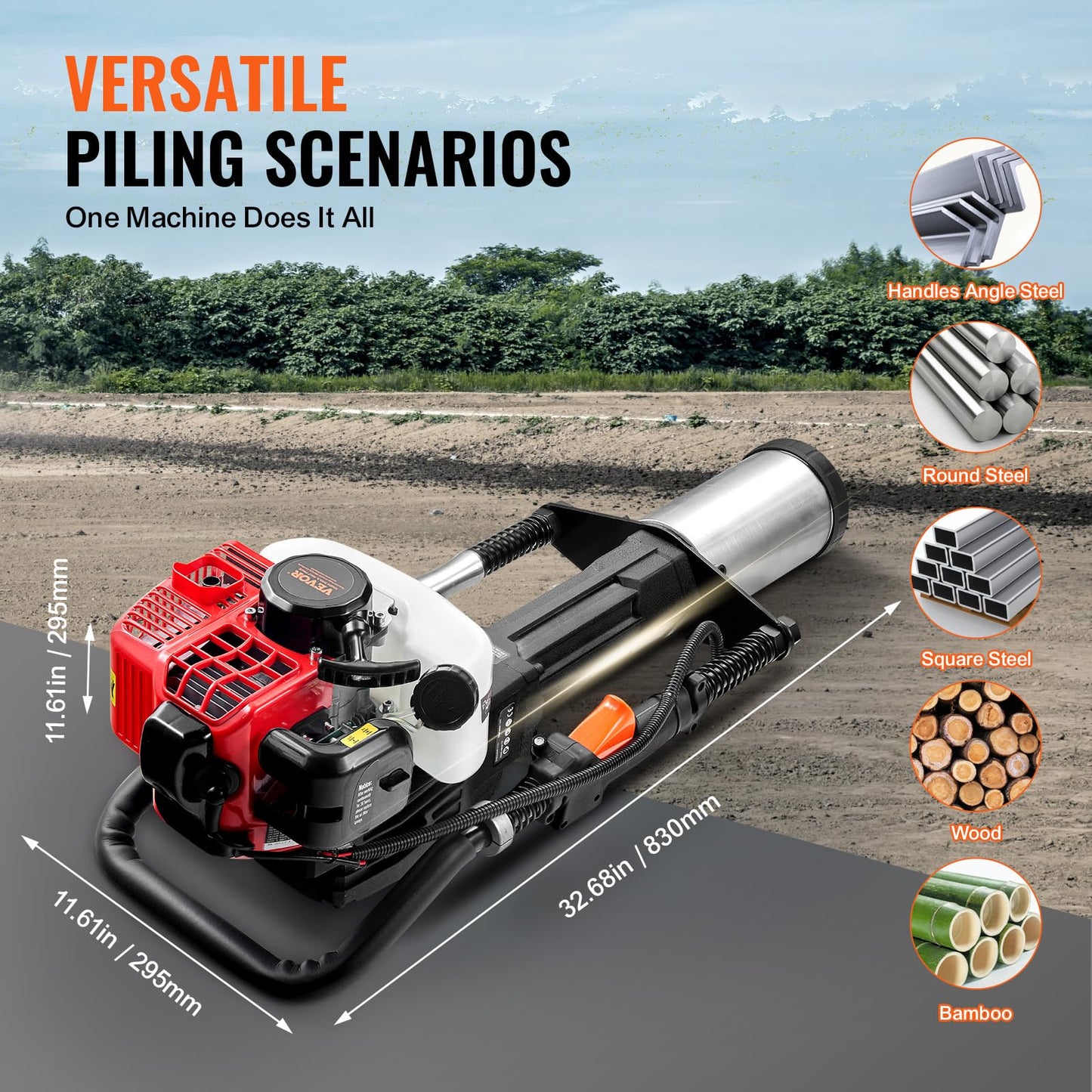 VEVOR Gas-Powered T Post Driver,2-Stroke 1300W,52cc,W/3Head