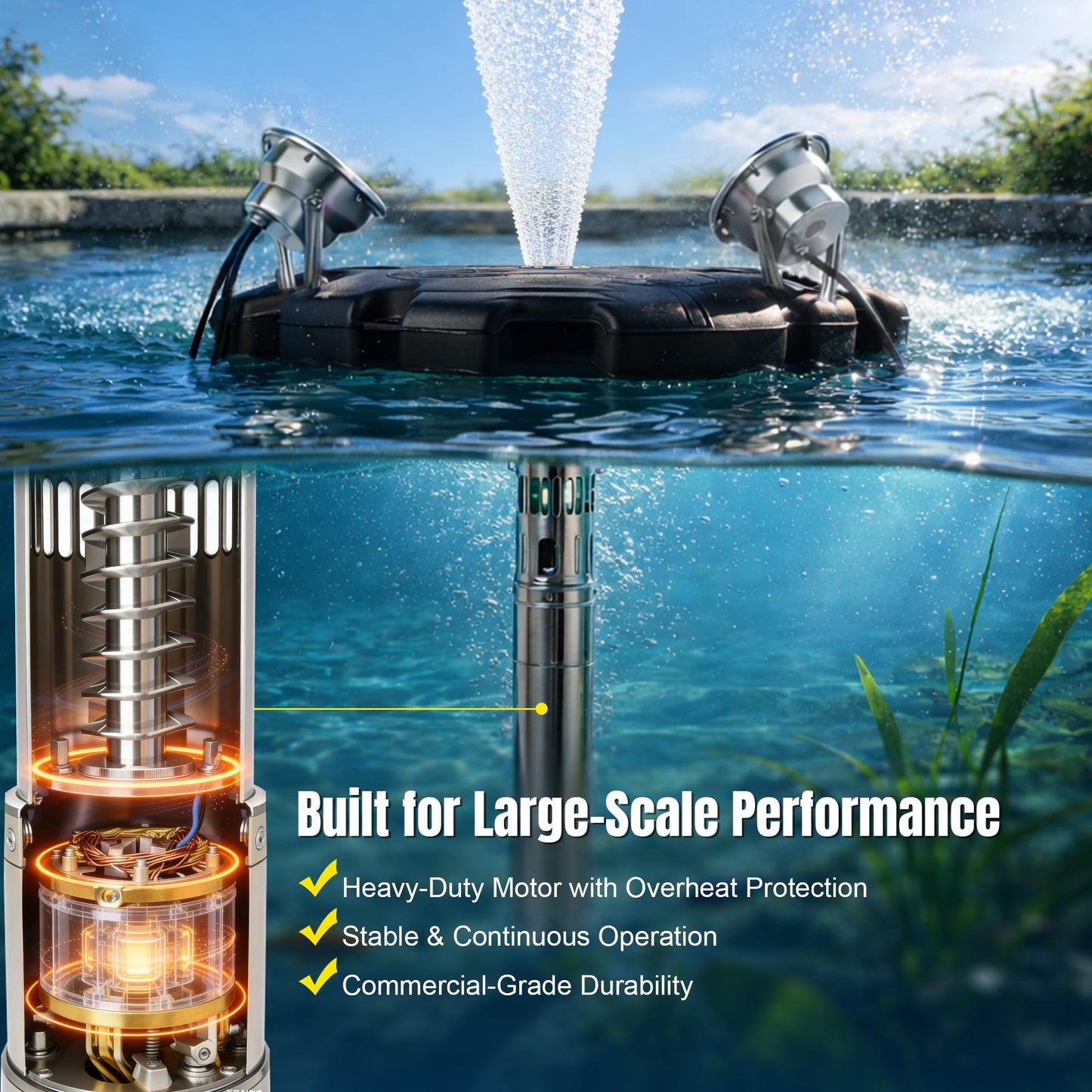 2HP Pond Fountain Aerator with 3 RGB LED Lights, 120V 30000 GPH Floating Water Pump, Automatic Aerating Pump for Large Ponds, Lakes, and Outdoor Water Features, with Controller, APP & Remote Control