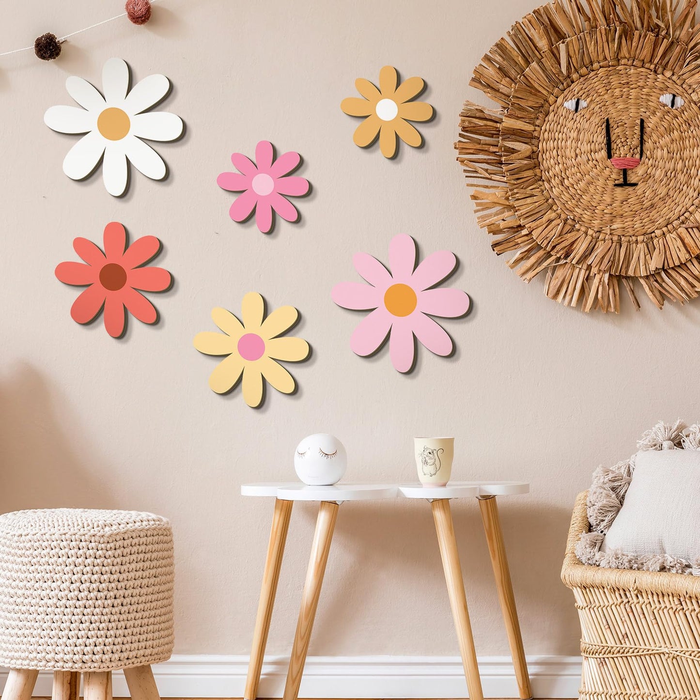 Thyle 6 Pcs Boho Daisy Wall Decor Boho Nursery Decor for Girls Natural Wall Hanging Bohemian Wooden Art Farmhouse Flower Hanging Signs for Home Office Nursery