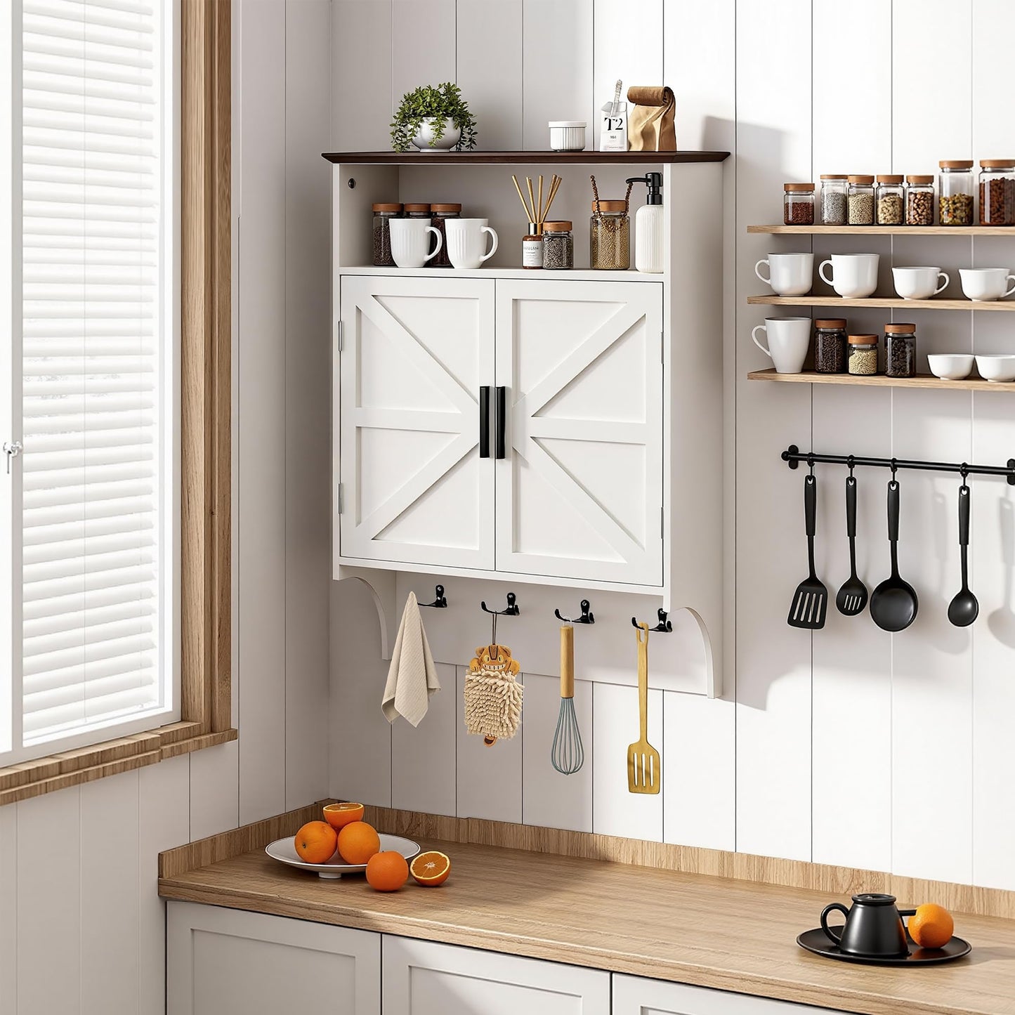 VECELO Farmhouse Bathroom Wall Cabinet, Medicine Cabinet with 4 Hooks, Wall Mounted Storage Cabinet with Open Partition and Adjustable Shelves for Bathroom, Kitchen, Laundry Room, White