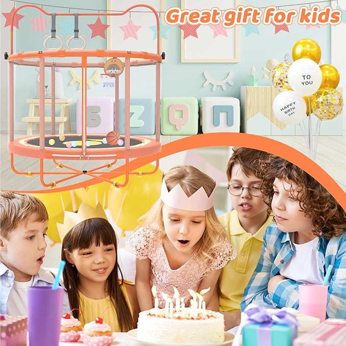 Gardenature 60" Kids Trampoline Indoor, 5ft Toddler Mini Trampoline with Basketball Hoop, Gymnastics Bar, Rings, Christmas Toys Birthday Gifts for Girls Boys Age 3-8