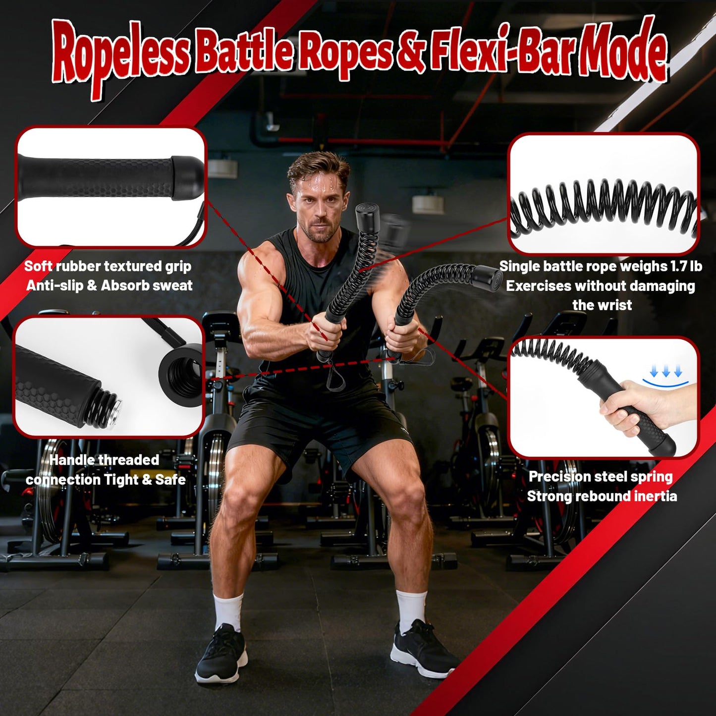 WKNNOXT Cordless Battle Ropes (2-Pack) Portable Workout Ropes for HIIT Workouts,Cardio & Muscle Training,Low-Impact Cardio Training,Home Gym Equipment for Men & Women(1.9LB x 2) (1.8LB*2)