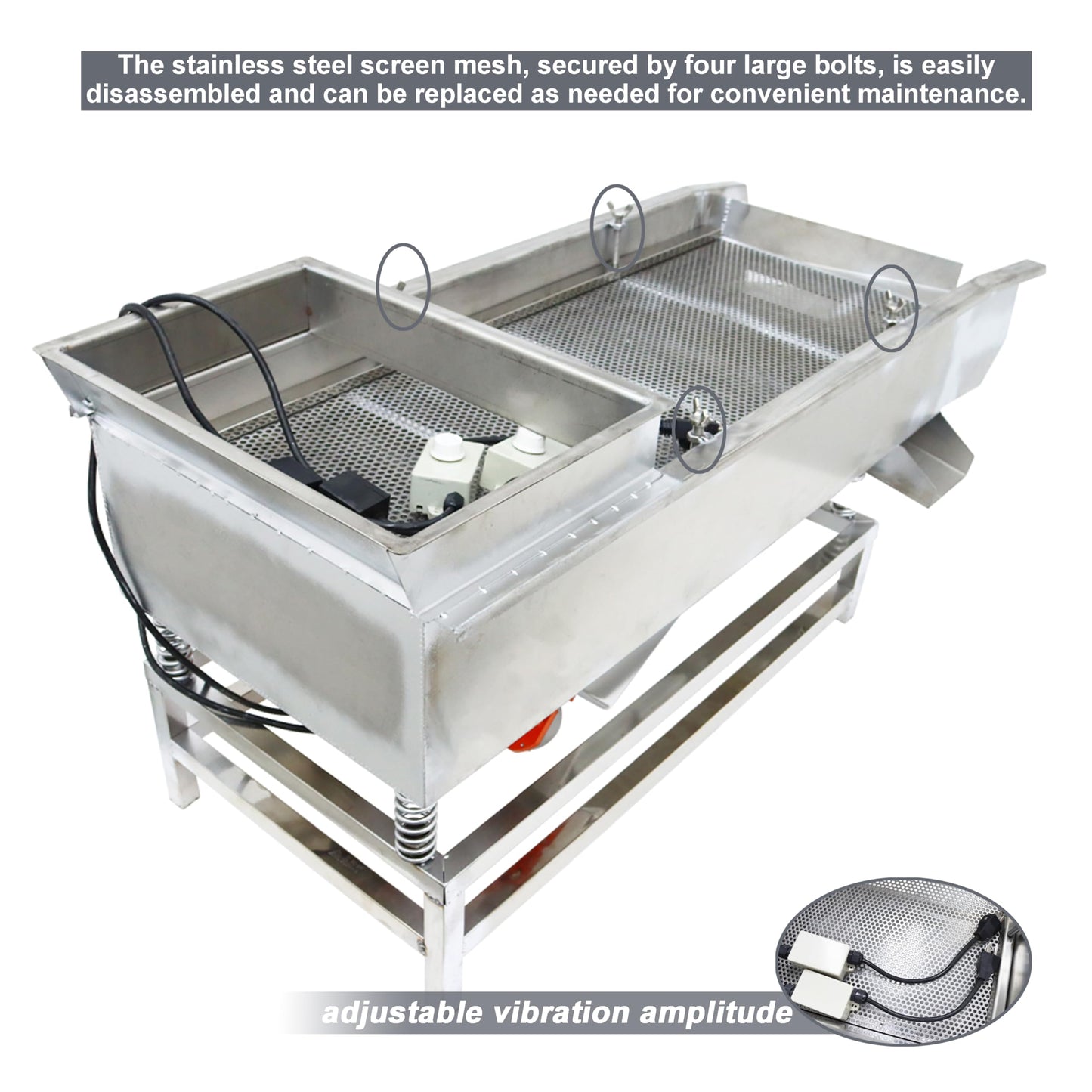 TECHTONGDA Straight Vibrating Sieve Screen Shaker Electric Linear Sifter Machine Stainless Steel Two Layers Two Motors 4mm 1mm Screen Size 15.7×37.4inch 110V