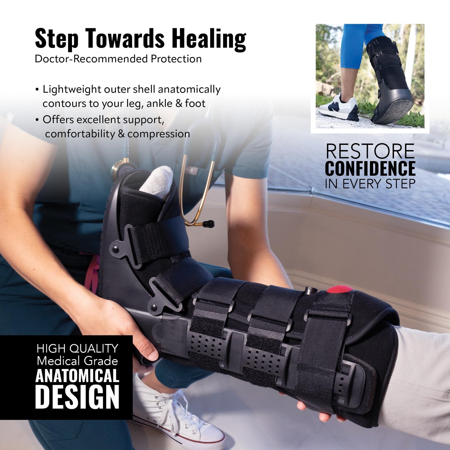 Braceapedia Tall Air Compression Walking Boot Foot Brace - Side Pump Pneumatic Brace for Ankle Support & Foot Injuries - 360 Rocker Sole Cam Walker for Stress Fractures, Black, L