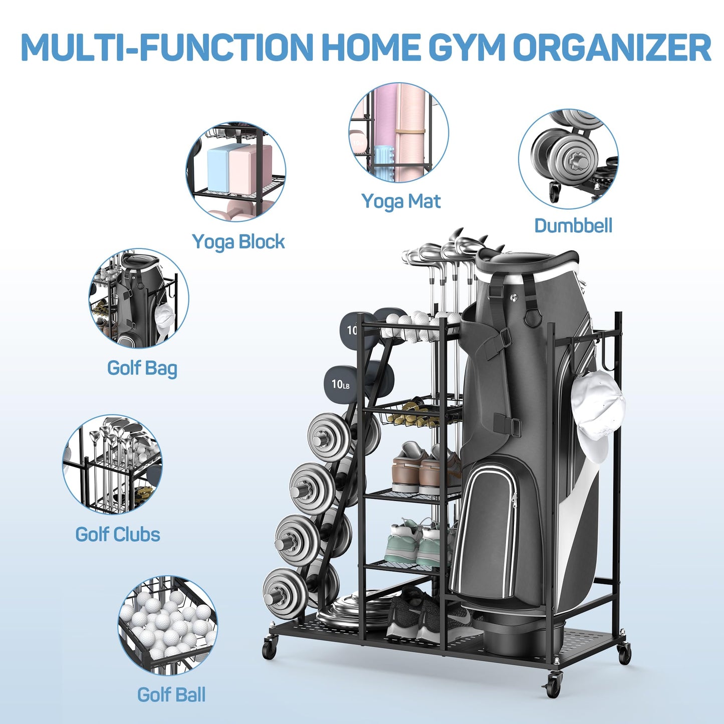 PLKOW Weight Rack for Dumbbells, Home Gym Storage for Dumbbells Yoga Mat Kettlebells and Gym Equipment, Golf Bag Organizer Dumbbell Rack for Garage, Home Gym