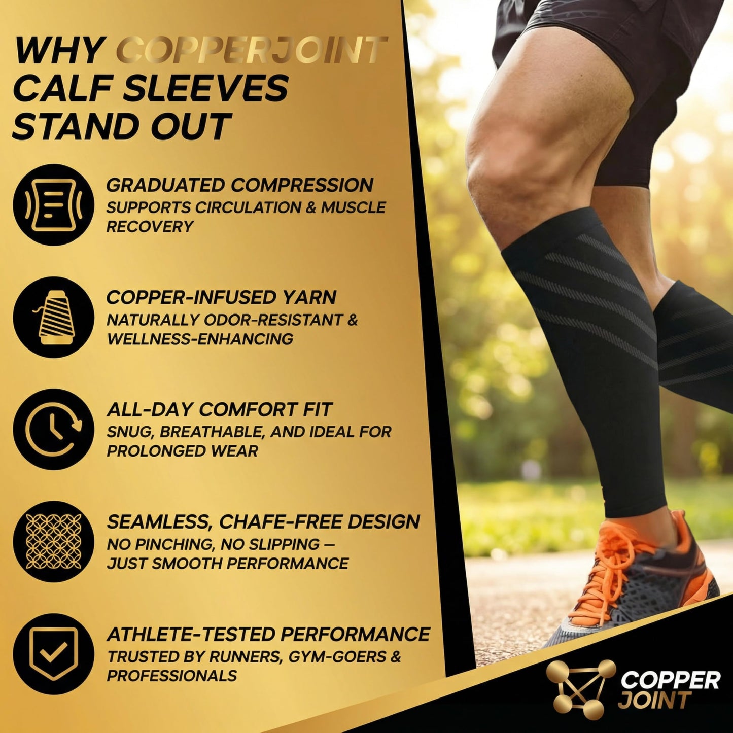 CopperJoint Calf Compression Sleeve for Men & Women Large Black-Firm Snug Fit Support for Shin Splints, Cramps, Varicose Veins-Copper Infused Nylon Pull-On Leg Sleeve for Sports & Daily Wear