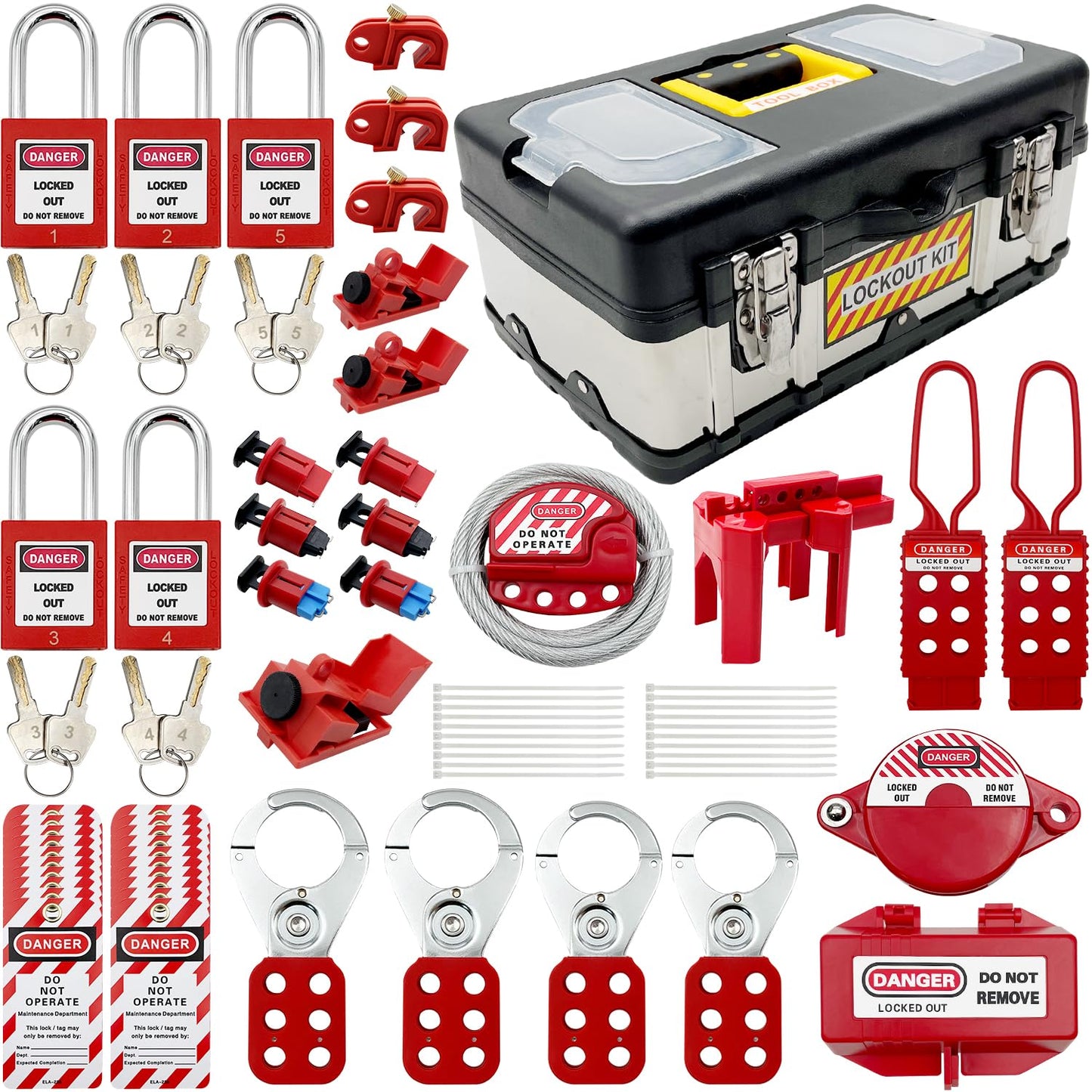 JOJOMARK Lockout Tagout Kit Electrical Loto - Group Lockout Hasps, Lockout Tags, Safety Padlocks with Number, Nylon Ties with Tool Box