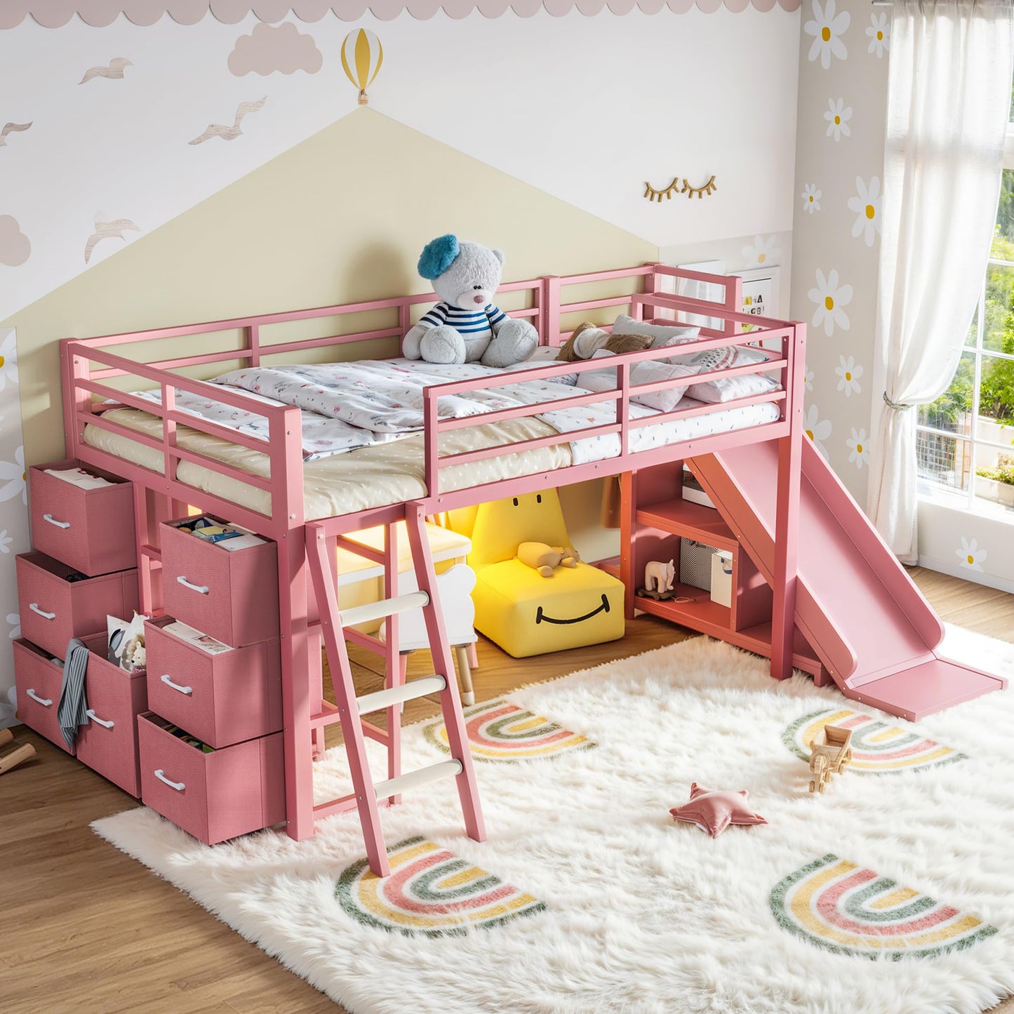 KEIKI Twin Size Metal Loft Bed Frame with Slide & Ladder & Non-Woven Fabric Drawer & Shelves & Hanging Area, Multi-Storage Loft Bed with Slat, No Box Spring Required, Easy Assembly, for Bedroom, Pink