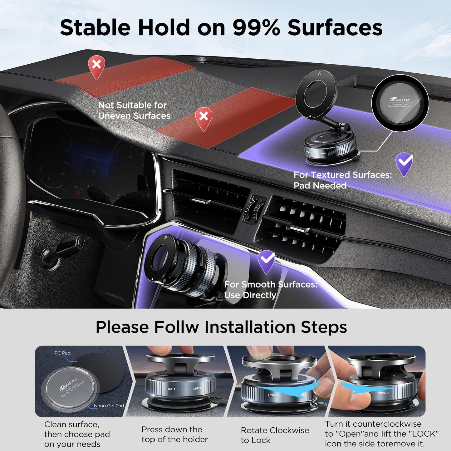 MSXTTLY Vacuum Magnetic Phone Holders for Your Car 2026 Suction Cup Phone Mount with Washable Nano Gel Pads 360° Adjustable Phone Mount,Travel Gifts, Car Phone Holder for Smartphone Car/Gym/Mirror
