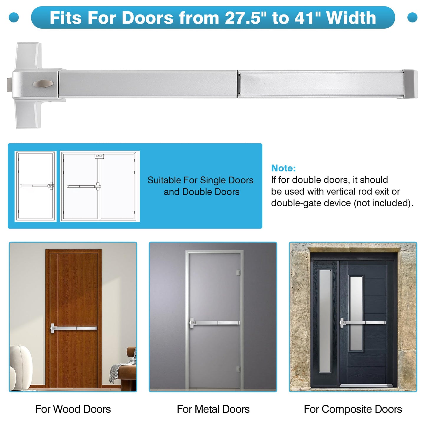 IRONWALLS Push Bar Panic Exit Device with Exterior Lever Keyed Alike, 2-Pack 27.5” Stainless Steel Panic Bar Lock Set for Commercial Door, Fire Emergency Exit Door Panic Hardware for Hotel, Hospital